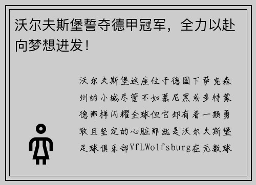 沃尔夫斯堡誓夺德甲冠军，全力以赴向梦想进发！
